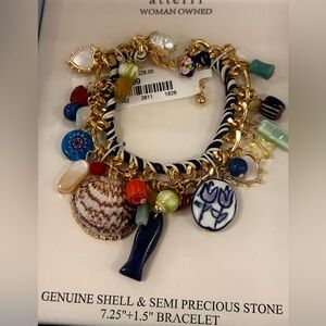 Gold Multi-Charm Bracelet Genuine Shell Semi precious stone 7.25 inches